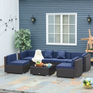 Outsunny 7pc Garden Wicker Sectional Set w/ Tea Table Patio Rattan Lounge Sofa with Cushion Outdoor Deck Furniture All Weather Coffee and Dark Blue