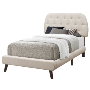 Monarch Twin Size Contemporary Upholstered Bed Frame with Padded Diamond Tufted Headboard and Brown Wood Legs - Beige Linen Look