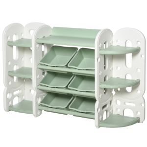Qaba Childrens Toy Storage & Bin Organizer with 3 Separate Shelving Sections, 7 Shelves & 6 Removeable Bins - Green