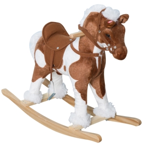 Qaba Kids Metal Plush Ride-On Rocking Horse Chair Toy with Nursery Rhyme Music - Light Brown / White