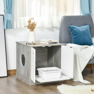PawHut Cat Washroom Pet Litter Box Decorative Kitten House Nightstand End Table Indoor with Magnetic Door Slide-out Board Grey Oak