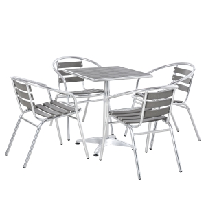 Outsunny 5-Piece Outdoor Garden Bistro Table Set with Clean Stylish Design, Woodgrain Plastic Top & Draining Slat Design