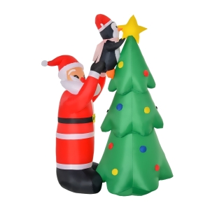HOMCOM 6ft Christmas Inflatable Santa and Penguin Decorating a Christmas Tree, Outdoor Blow-Up Yard Decoration with LED Lights Display