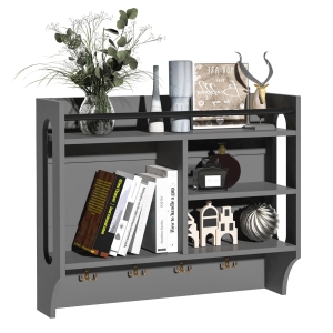 HOMCOM Wall-Mounted Floating Storage Shelf with 4 Storage Units and 4 Dual Hooks, Grey