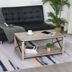HOMCOM Industrial Coffee Table, Sofa Side Table with Bottom Storage Shelf, Metal X-Bar for Living Room Bedroom