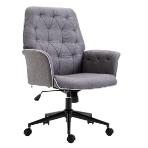 HOMCOM Office Chair Fabric Accent Armchair Mid-Back Tufted Executive Chair with Swivel Wheels, Adjustable Height, Thick Padding, Grey