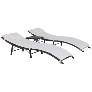 Outsunny 3 Piece Outdoor Folding Rattan Wicker Chaise Lounge Chair and Side Table Set