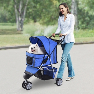 PawHut 3 Wheels Pet Stroller Foldable Carrier Jogging Stroller with Brake, Canopy, Cup Holders and Bottom Storage Space (Blue)