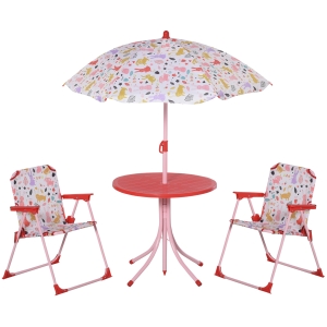 Outsunny Kids Folding Picnic Table and Chair Set Rabbit Pattern Outdoor Garden Patio Backyard with Removable & Height Adjustable Sun Umbrella, Red