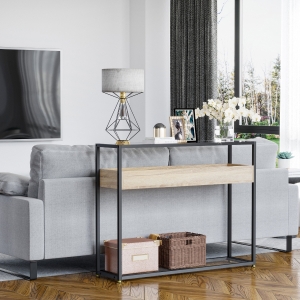 HOMCOM Industrial Narrow Console Table, Sofa Table, Hallway Table with Storage Shelf, Tempered Glass Top and Steel Frame for Entryway, Living Room