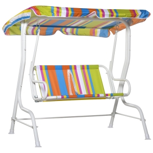Outsunny 2-Seat Kids Canopy Swing Chair Toddler Outdoor Glider Hammock Lounge with Shade Awning Seat Belt for Porch Backyard Colorful Stripes 43" x 27.5" x 43"