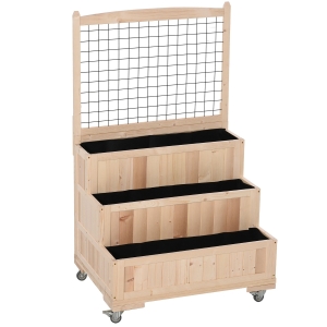 Outsunny 3-Tiers Wooden Raised Garden Bed with Wheels, Trellis, Back Storage Area, Easy Movable for Flowers, Herbs, Natural
