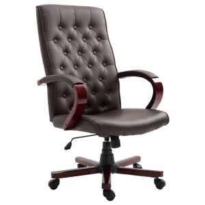 Vinsetto High Back Faux Leather Office Chair with Button Tufted Design, Executive Computer Desk Chair with Solid Wood Feet and Arms, Brown