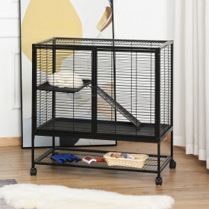 PawHut Metal Small Animal Cage Rolling Cat Playpen Critter Nation for Ferret Chinchilla Guinea Pig Play House with Universal Wheels, Black