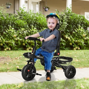 Qaba Baby Tricycle 4 In 1 Push Stroll w/ Reversible Angle Adjustable Seat Removable Handle Canopy Handrail Belt Storage Footrest Brake Clutch for 1-5 Years Old Red