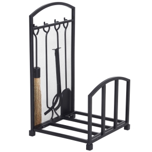HOMCOM Firewood Log Rack Storage Holder Stand with Tool Kit Iron Indoor Outdoor - Black