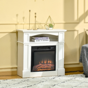 HOMCOM Electric Fireplace with Mantel, Freestanding Heater Corner Firebox with Log Hearth, Shelf and Remote Control, 1400W, White