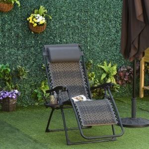Outsunny Outdoor Zero Gravity Folding Lounge Chair with Headrest, Cup and Phone Holder for Garden, Balcony, Deck, Grey