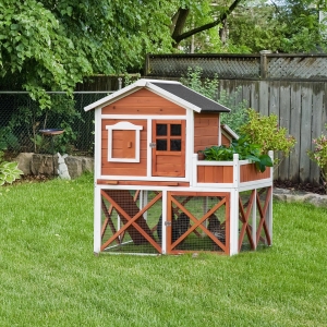 PawHut 44" Chicken Coop, Wooden Hen Run House, Rabbit Hutch with Nesting Box, Removable Tray, Asphalt Roof, Planting Lattice, Orange