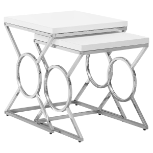 Monarch 2 Piece Contemporary Chrome Metal Circle-X Frame Accent Side End Nesting Table Set - Glossy White Finish