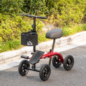 HOMCOM Seated Knee Walker, Foldable Steerable Medical Knee Scooter, Crutch Alternative with Braking System, Storage Bag for Foot Injuries, Red