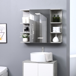 kleankin 32 Inch x 8 Inch Bathroom Medicine Cabinet, Wall Mounted Storage Organizer with Mirror Door, 6 Open Shelves, Grey