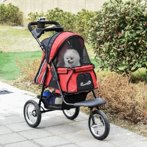 PawHut Pet Stroller One-Click Fold Travel Jogging Stroller w/ Universal Metal Hub Wheel Brake Basket Zippered Mesh Window Door