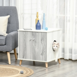 PawHut Wooden Cat Washroom Pet Litter Box Decorative Kitten House Nightstand End Table Indoor with Magnetic Door Slide-out Board White