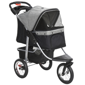 PawHut Luxury Folding Pet Stroller Dog/Cat Travel Carriage with Adjustable Canopy & a Zippered Mesh Window Door - Grey