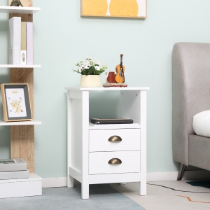 HOMCOM Modern End Table with 2 Drawers and Storage Shelf, Accent Sofa Side Table for Living Room, White
