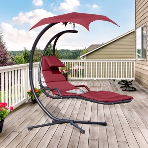 Outsunny Swing Chair Hanging Hammock Chaise Outdoor Stand Canopy Lounger Patio Wine Red