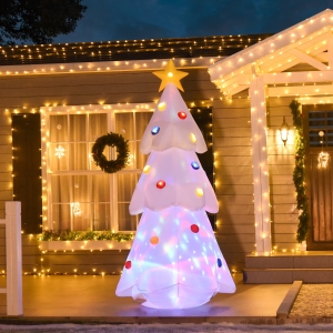 HOMCOM 8 FT Tall Lighted Inflatable Christmas Tree with Star and Multicolor Decorations Blow up Decor Home Indoors with 9 Built-in LED Lights Outdoor Toys in Yard Lawn Garden White