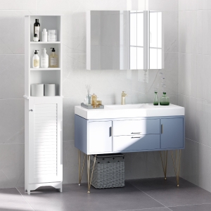 HOMCOM Tall Bathroom Storage Cabinet, Freestanding Linen Tower with 3-Tier Open Adjustable Shelf and Cupboard, White
