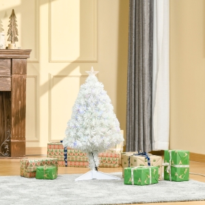 HOMCOM 2.5FT Prelit Artificial Tabletop Christmas Tree with Fibre Optics Holiday Home Xmas Decoration for Table and Desk White