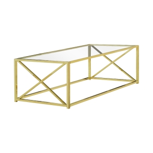 Monarch 44" Contemporary Tempered Glass Coffee Table with X-Design Metal Base - Gold