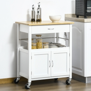 HOMCOM Kitchen Trolley Utility Rolling Cart, with Storage Drawer & Side Hooks for Dining Room, White