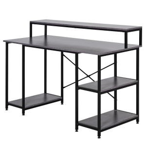 HOMCOM 55 Inch Home Office Computer Desk Study Writing Workstation with Storage Shelves, Elevated Monitor Shelf, CPU Stand, Durable X-Shaped Construction, Grey Wood Grain