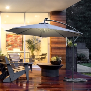 Outsunny 10ft Cantilever Solar Hanging Offset Umbrella LED Lights Market Parasol Crank w/Cross Base Grey
