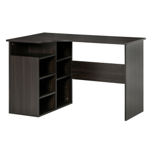 HOMCOM L-Shaped Corner Home Office Computer Desk, Study Table PC Workstation with Storage Shelf, Space Saving, Black Wood Grain