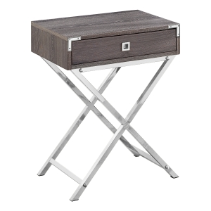 Monarch 24" Contemporary Accent Side End Table with Large Storage Drawer and Metal X-Design Legs - Dark Taupe Wood Grain-Look / Chrome Metal Legs