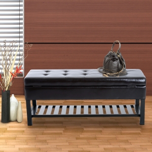 HOMCOM 44” Faux Leather Tufted Shoe Rack Ottoman Storage Bench – Brown