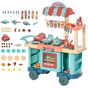 Qaba Kids Food Shop Cart Pretend Playset Kitchen Supermarket Toys Trolley Set