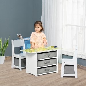 Qaba 3-Piece Kids Table and Chair Set Writing Desk Brick Table w/ 2 In 1 Desktop Road Map Storage Drawers for Toddler Activities, Grey