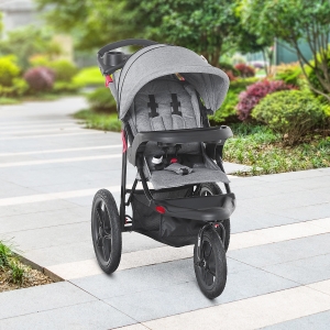 Qaba Baby Stroller Foldable Carriage for Toddler with Adjustable Backrest and Canopy Suspension System Rubber Tire 5-Point Harness Cup Holder Storage Basket Grey