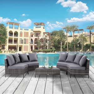 Outsunny 5PC Outdoor Patio Furniture Set Garden Rattan Wicker Sofa Cushioned Half-Moon Seat Deck w/ Pillow Grey