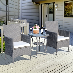 Outsunny 3 Pieces Patio Set Rattan Furniture Chair Bistro Wicker Steel Grey Garden