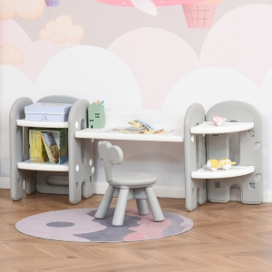 Qaba Kids Adjustable Table and Chair Set 2 Piece Play Table with Storage Children's Playroom/Bedroom Furniture Toddler PE Grey and white for 1-4 years old