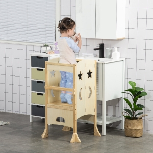 Qaba Kids Kitchen Helper Foldable Step Stool Toddler Kitchen Stool Learning Tower with Blackboard Lockable Handrail for 3-6 Years old Natural