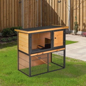 PawHut Wood-metal Rabbit Hutch Elevated Pet House Bunny Cage Small Animal Habitat with Slide-out Tray Asphalt Openable Roof Lockable Door Water-resistant for Outdoor 35.25" x 17.75" x 32" Light Yellow