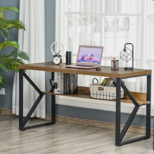 HOMCOM 55” Computer Writing Desk, Corner Workstation, Laptop Table with K-Shaped Steel Leg and Storage Shelf, Brown and Black